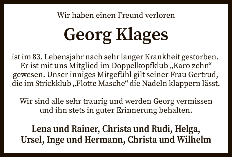  Traueranzeige für Georg Klages vom 26.03.2020 aus SYK