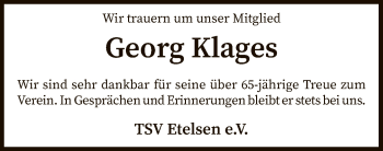 Traueranzeige von Georg Klages von SYK