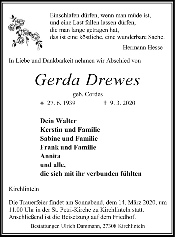 Traueranzeige von Gerda Drewes von SYK