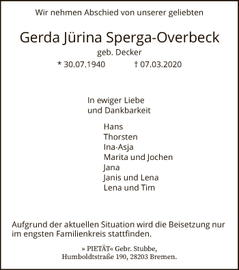 Traueranzeige von Gerda Jürina Sperga-Overbeck von SYK