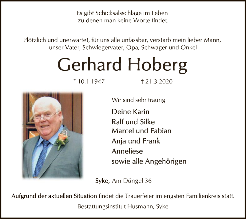  Traueranzeige für Gerhard Hoberg vom 25.03.2020 aus SYK