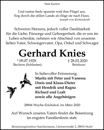 Traueranzeige von Gerhard Knies von SYK