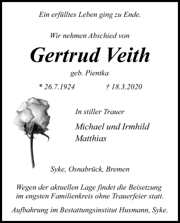 Traueranzeige von Gertrud Veith von SYK