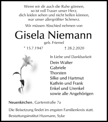 Traueranzeige von Gisela Niemann von SYK