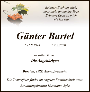 Traueranzeige von Günter Bartel von SYK