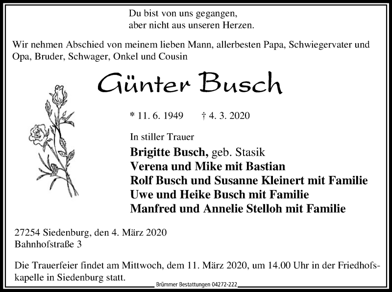  Traueranzeige für Günter Busch vom 06.03.2020 aus SYK