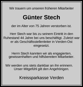 Traueranzeige von Günter Stech von SYK