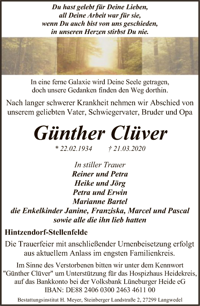 Traueranzeige für Günther Clüver vom 26.03.2020 aus SYK