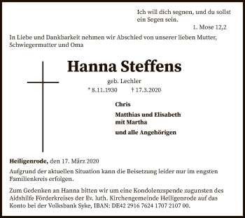 Traueranzeige von Hanna Steffens von SYK