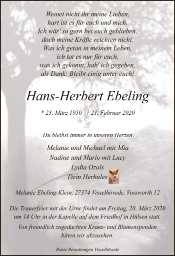 Traueranzeige von Hans-Herbert Ebeling von SYK