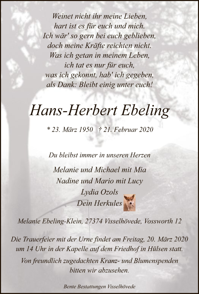  Traueranzeige für Hans-Herbert Ebeling vom 07.03.2020 aus SYK