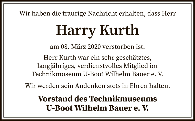  Traueranzeige für Harry Kurth vom 21.03.2020 aus SYK
