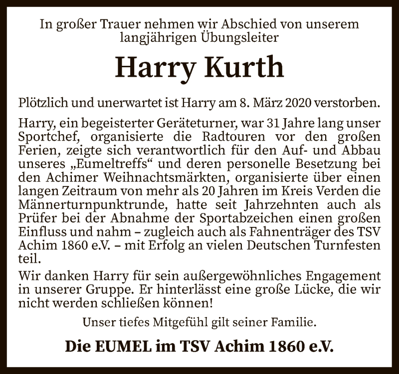  Traueranzeige für Harry Kurth vom 17.03.2020 aus SYK