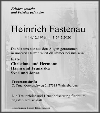 Traueranzeige von Heinrich Fastenau von SYK