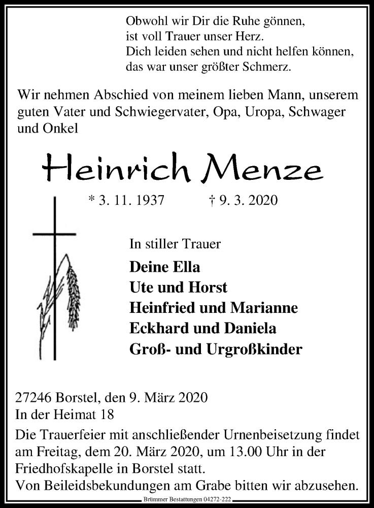  Traueranzeige für Heinrich Menze vom 11.03.2020 aus SYK