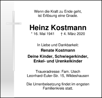 Traueranzeige von Heinz Kostmann von SYK