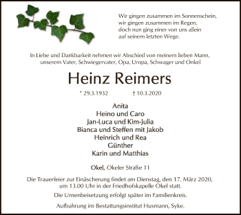 Traueranzeige von Heinz Reimers von SYK