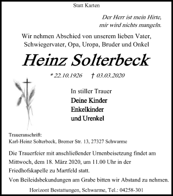 Traueranzeige von Heinz Solterbeck von SYK