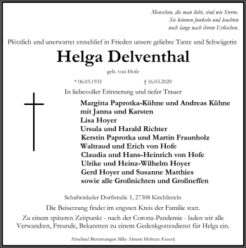 Traueranzeige von Helga Delventhal von SYK