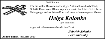 Traueranzeige von Helga Kolonko von SYK