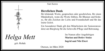 Traueranzeige von Helga Mett von SYK