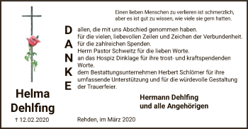 Traueranzeige von Helma Dehlfing von SYK