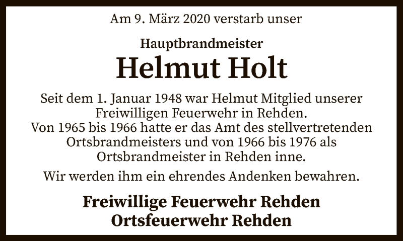  Traueranzeige für Helmut Holt vom 17.03.2020 aus SYK