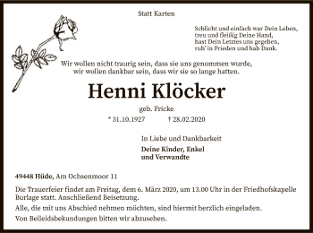 Traueranzeige von Henni Klöcker von SYK