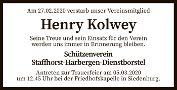 Traueranzeige von Henry Kolwey von SYK