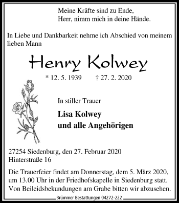 Traueranzeige von Henry Kolwey von SYK