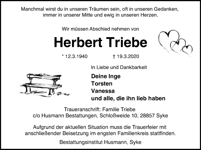  Traueranzeige für Herbert Triebe vom 24.03.2020 aus SYK