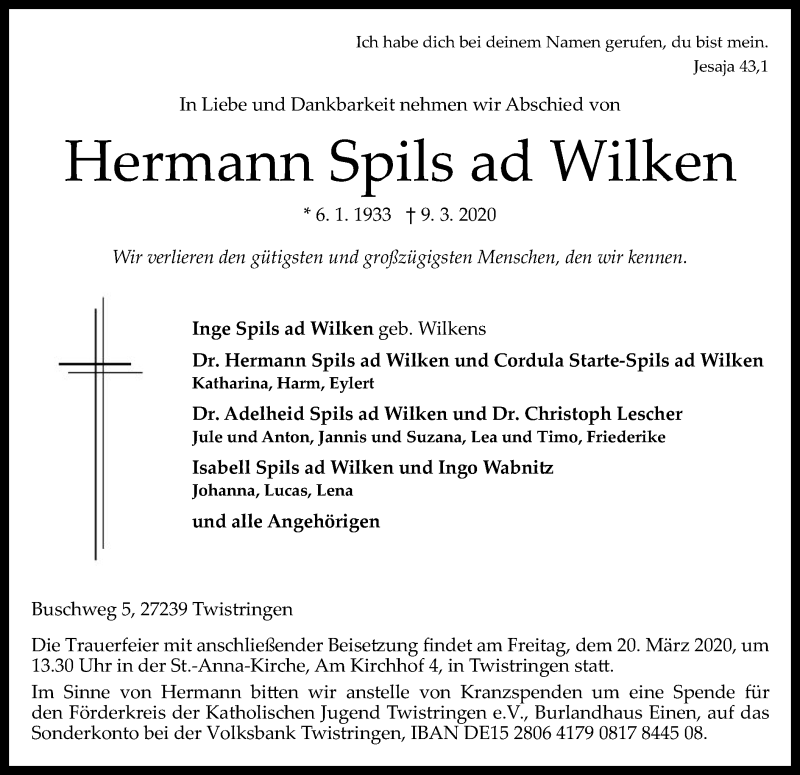  Traueranzeige für Hermann Spils ad Wilken vom 14.03.2020 aus SYK