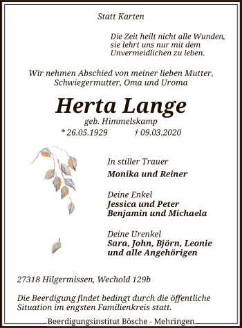 Traueranzeige von Herta Lange von SYK