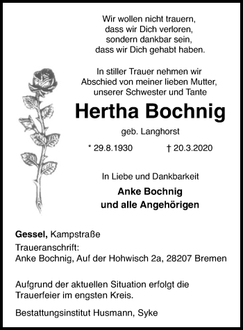 Traueranzeige von Hertha Bochnig von SYK