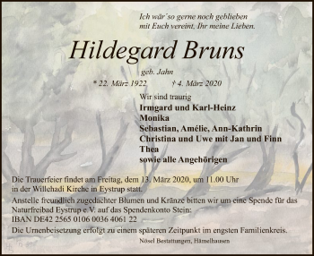 Traueranzeige von Hildegard Bruns von SYK