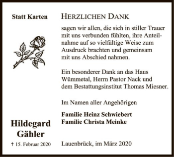 Traueranzeige von Hildegard Gähler von SYK