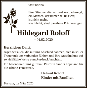 Traueranzeige von Hildegard Roloff von SYK