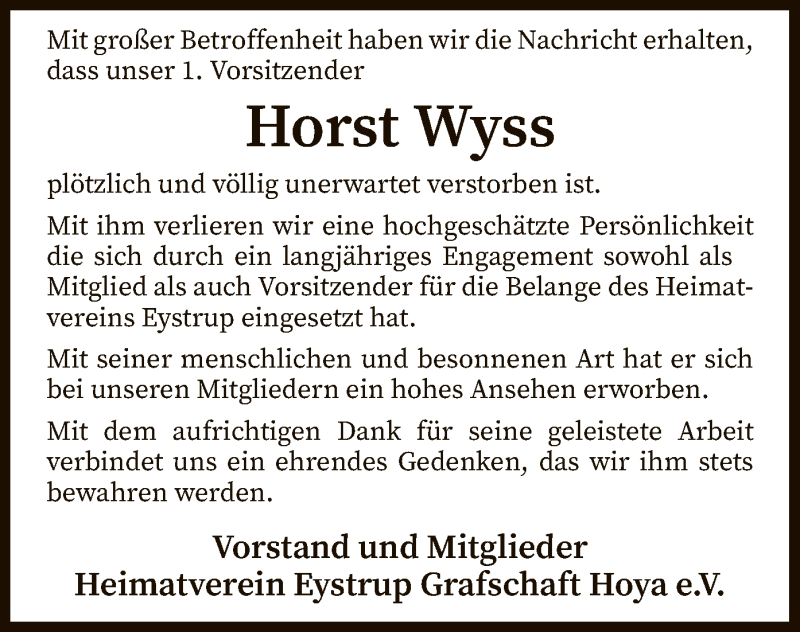  Traueranzeige für Horst Wyss vom 07.03.2020 aus SYK
