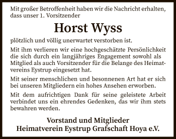 Traueranzeige von Horst Wyss von SYK