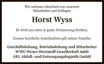 Traueranzeige von Horst Wyss von SYK