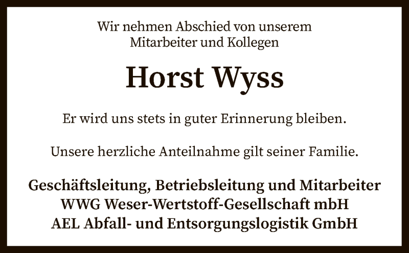  Traueranzeige für Horst Wyss vom 09.03.2020 aus SYK