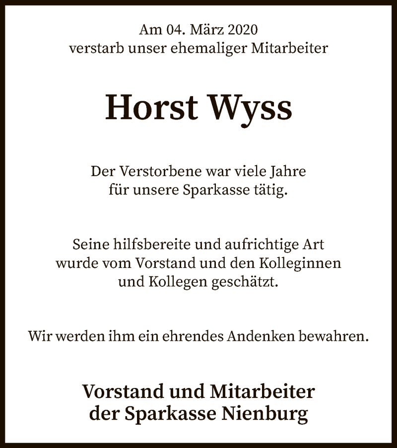  Traueranzeige für Horst Wyss vom 10.03.2020 aus SYK