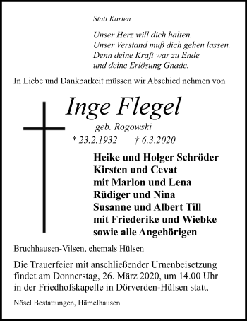 Traueranzeige von Inge Flegel von SYK