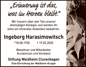 Traueranzeige von Ingeborg Harasimowitsch von SYK