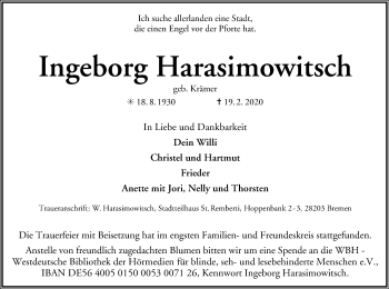 Traueranzeige von Ingeborg Harasimowitsch von SYK