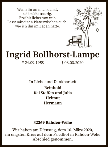 Traueranzeige von Ingrid Bollhorst-Lampe von SYK