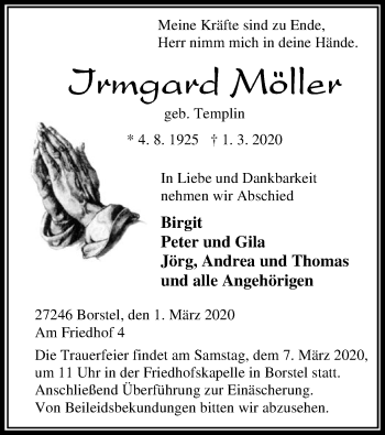 Traueranzeige von Irmgard Möller von SYK