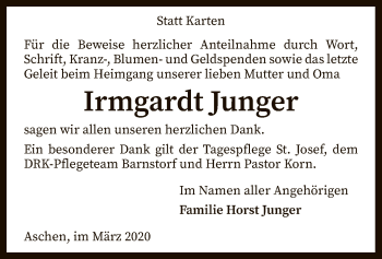 Traueranzeige von Irmgardt Junger von SYK