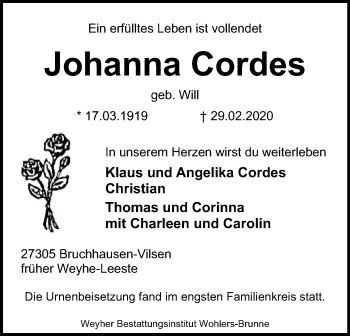 Traueranzeige von Johanna Cordes von SYK