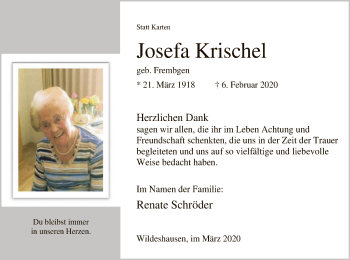 Traueranzeige von Josefa Krischel von SYK